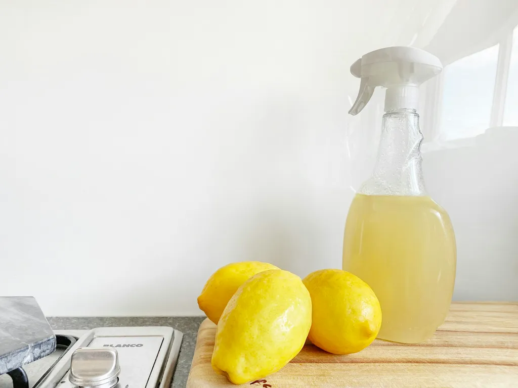 Natural cleaning supplies with citrus and clean presentation on a bright surface